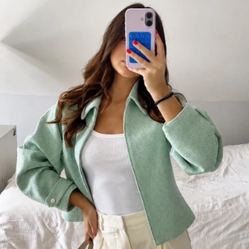 HXAO Cropped Tweed Jacket Women's Jacket Demi-Season 2026 Zip-Up Long Sleeve Top Mint Green Textured Outerwear Streetwear Coats