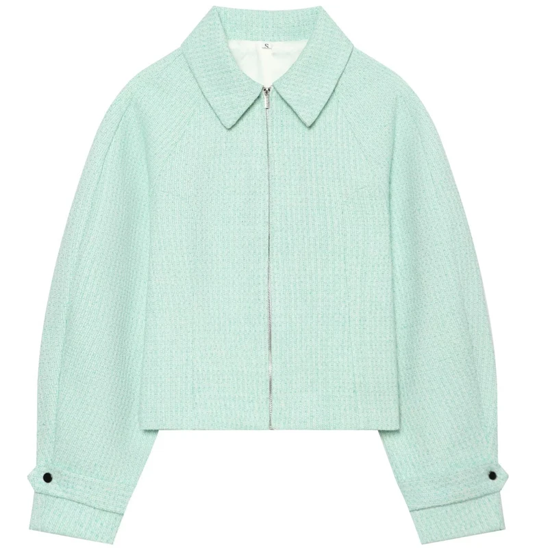 HXAO Cropped Tweed Jacket Women's Jacket Demi-Season 2026 Zip-Up Long Sleeve Top Mint Green Textured Outerwear Streetwear Coats