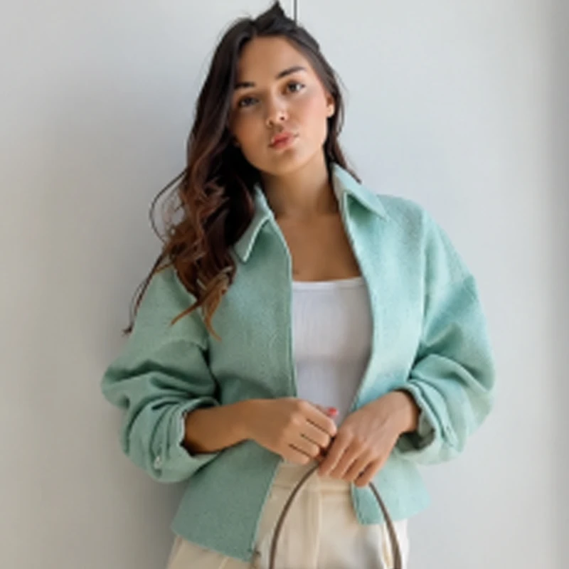 HXAO Cropped Tweed Jacket Women's Jacket Demi-Season 2026 Zip-Up Long Sleeve Top Mint Green Textured Outerwear Streetwear Coats
