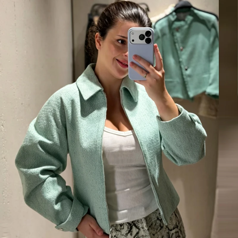 HXAO Cropped Tweed Jacket Women's Jacket Demi-Season 2026 Zip-Up Long Sleeve Top Mint Green Textured Outerwear Streetwear Coats