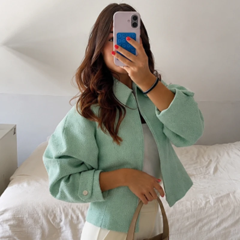 HXAO Cropped Tweed Jacket Women's Jacket Demi-Season 2026 Zip-Up Long Sleeve Top Mint Green Textured Outerwear Streetwear Coats