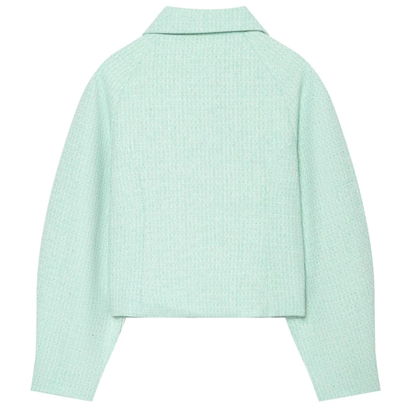 HXAO Cropped Tweed Jacket Women's Jacket Demi-Season 2026 Zip-Up Long Sleeve Top Mint Green Textured Outerwear Streetwear Coats