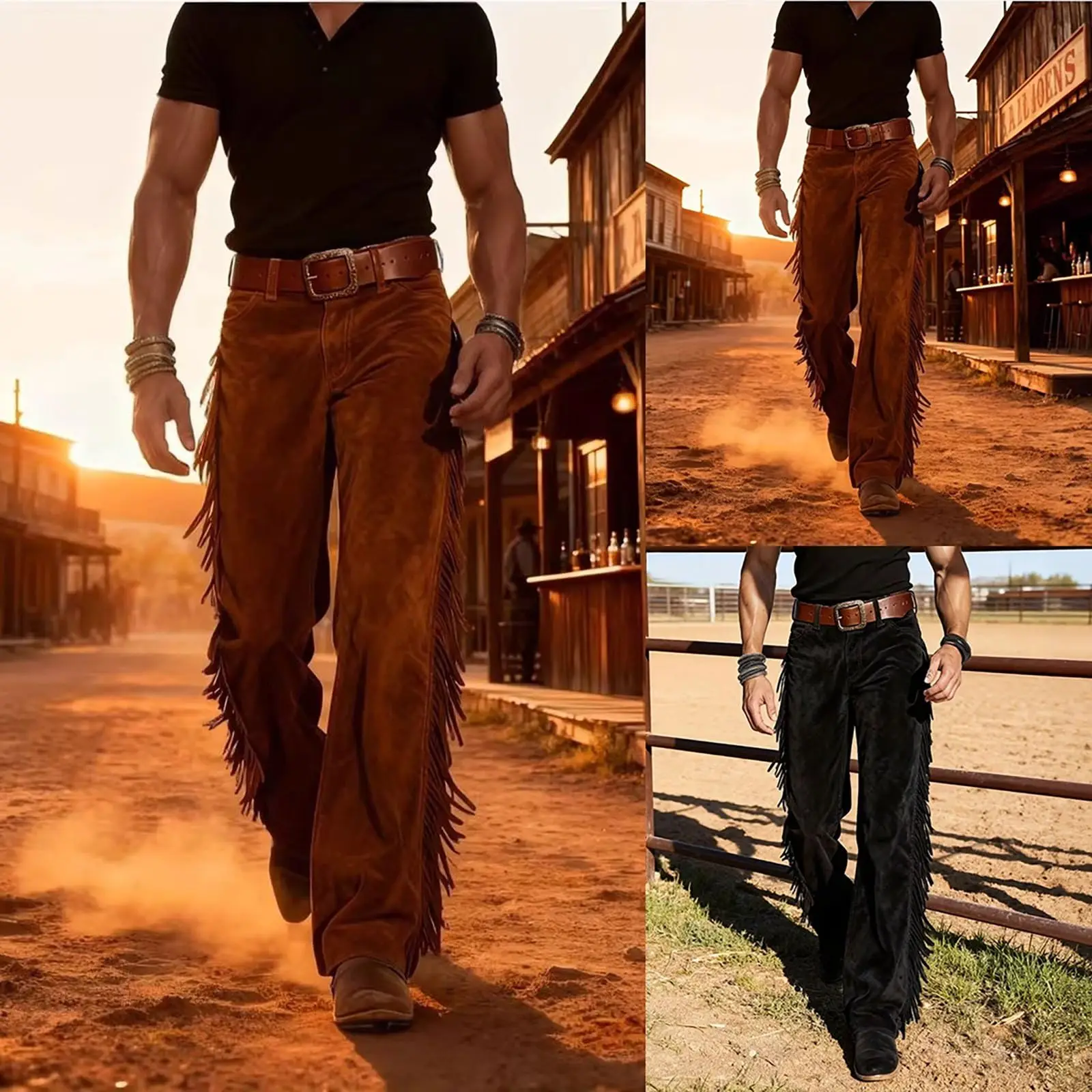 Men's Cowboy Fringe Bell Bottom Pants Faux Suede Leather Regular Fit High Waist Retro Buckled Pants Hippie Disco Cosplay Pants