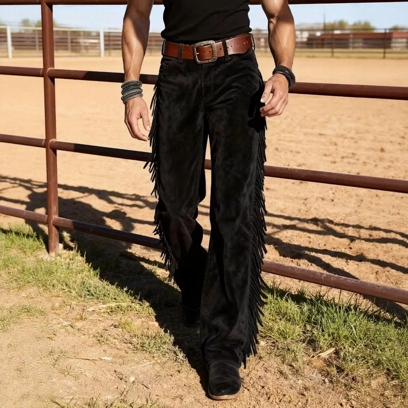 Men's Cowboy Fringe Bell Bottom Pants Faux Suede Leather Regular Fit High Waist Retro Buckled Pants Hippie Disco Cosplay Pants