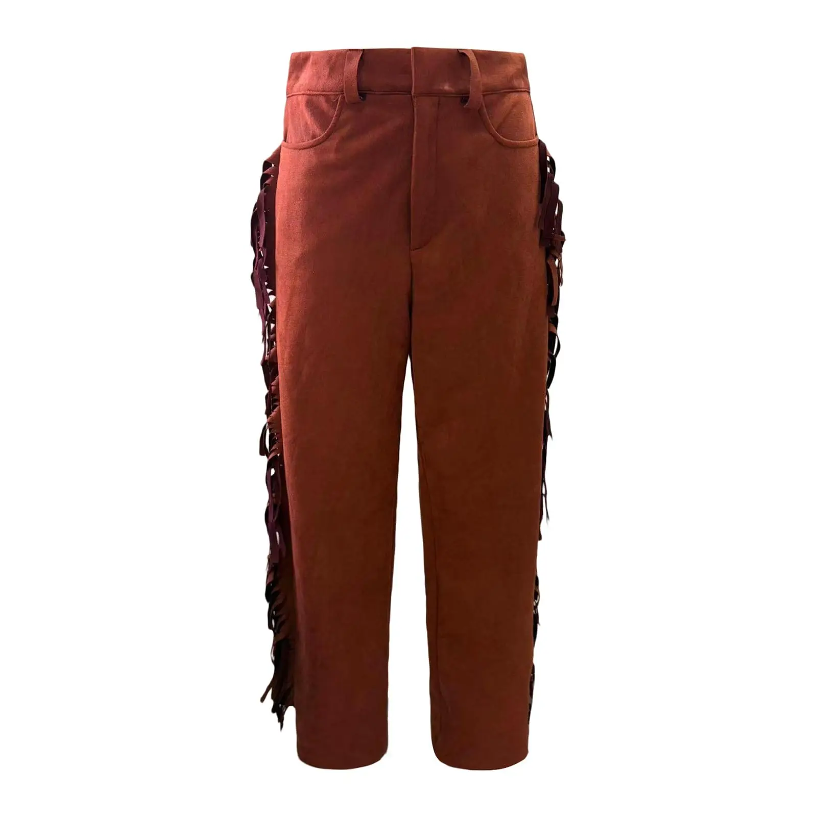 Men's Cowboy Fringe Bell Bottom Pants Faux Suede Leather Regular Fit High Waist Retro Buckled Pants Hippie Disco Cosplay Pants