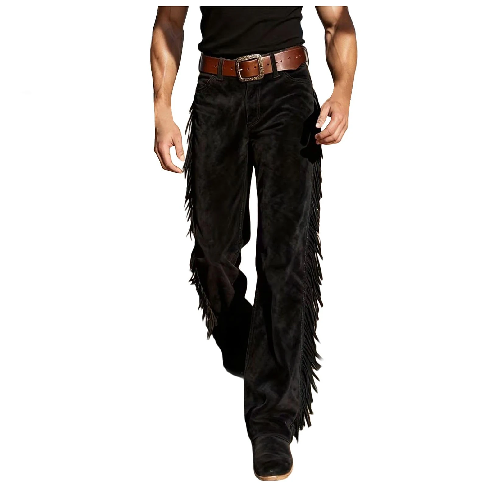 Men's Cowboy Fringe Bell Bottom Pants Faux Suede Leather Regular Fit High Waist Retro Buckled Pants Hippie Disco Cosplay Pants