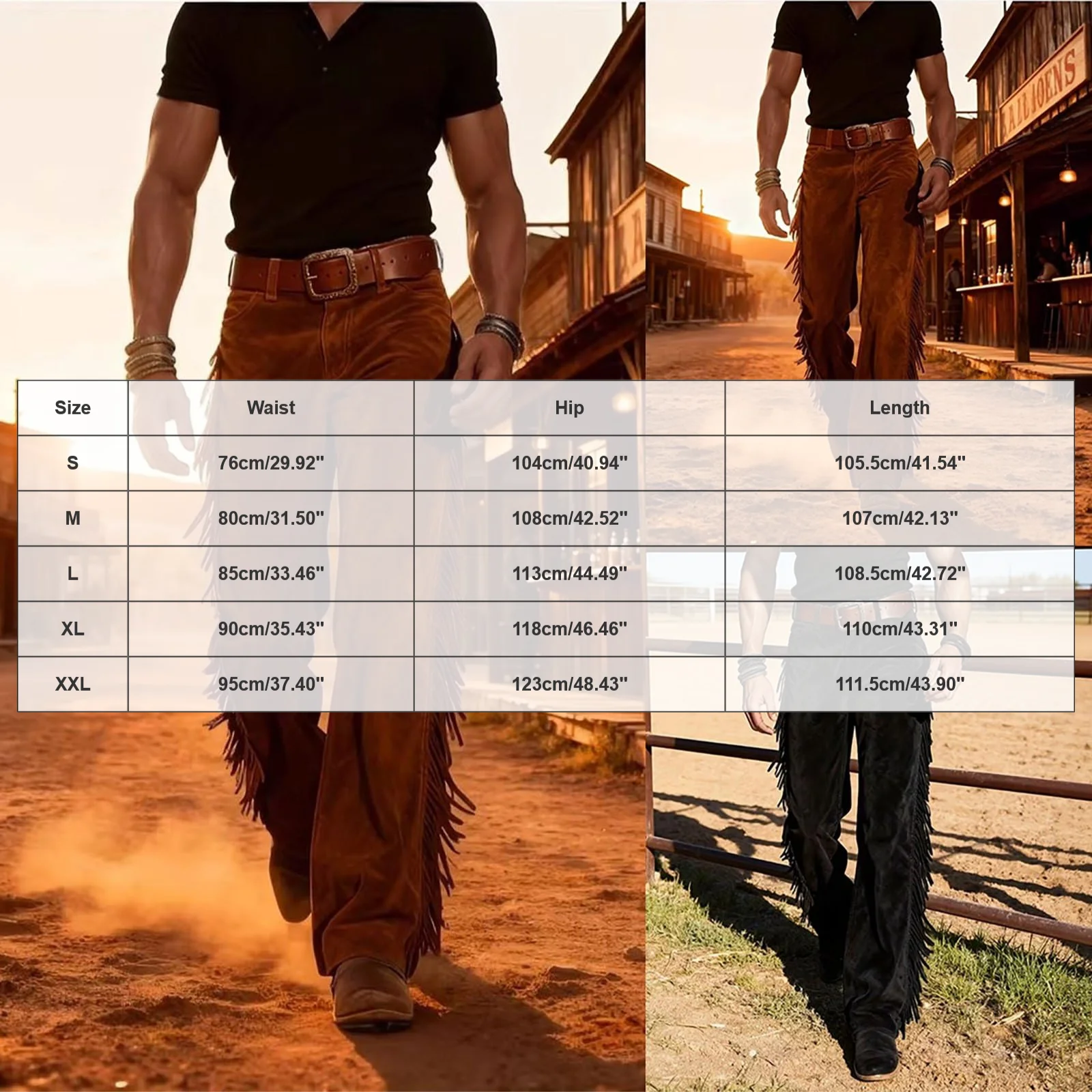 Men's Cowboy Fringe Bell Bottom Pants Faux Suede Leather Regular Fit High Waist Retro Buckled Pants Hippie Disco Cosplay Pants