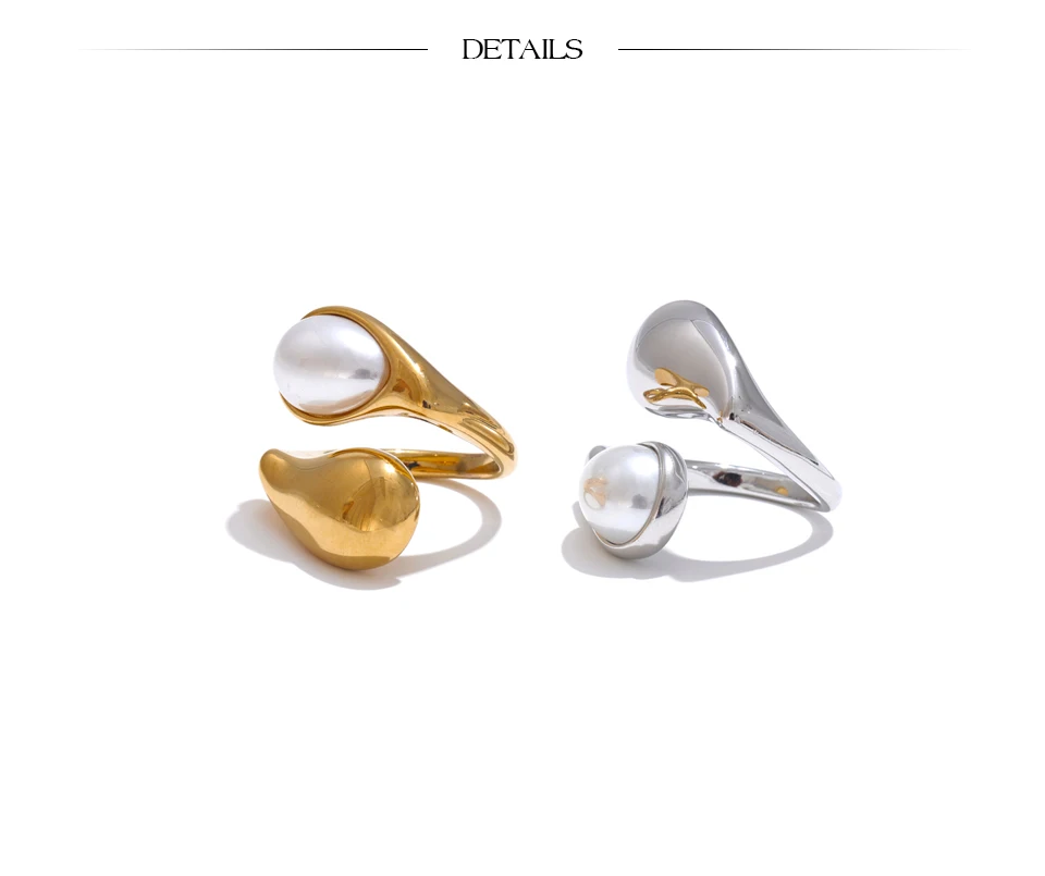 Yhpup Fashion Imitation Pearl Water Drop Finger Ring Women 316L Stainless Steel Elegant Gold Platinum Plated Jewelry
