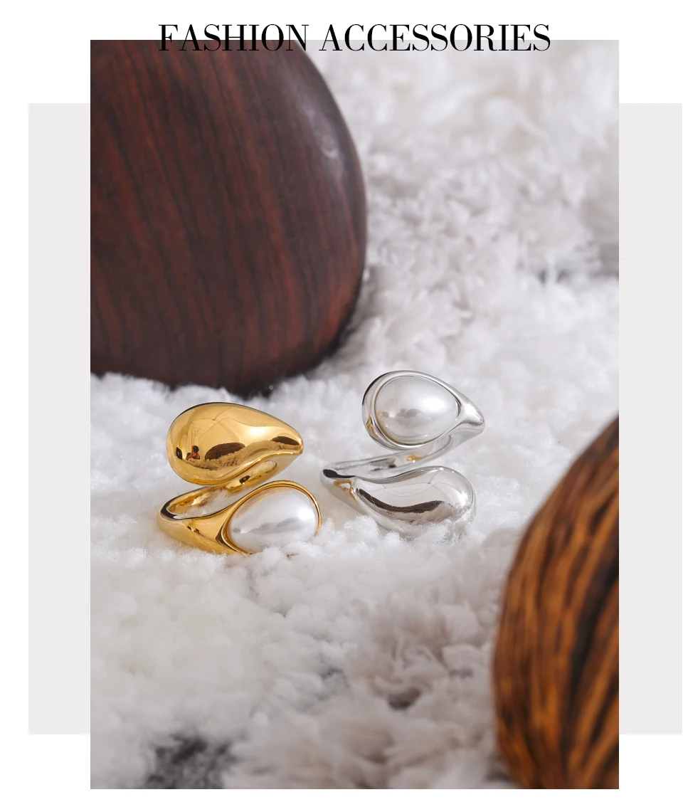 Yhpup Fashion Imitation Pearl Water Drop Finger Ring Women 316L Stainless Steel Elegant Gold Platinum Plated Jewelry