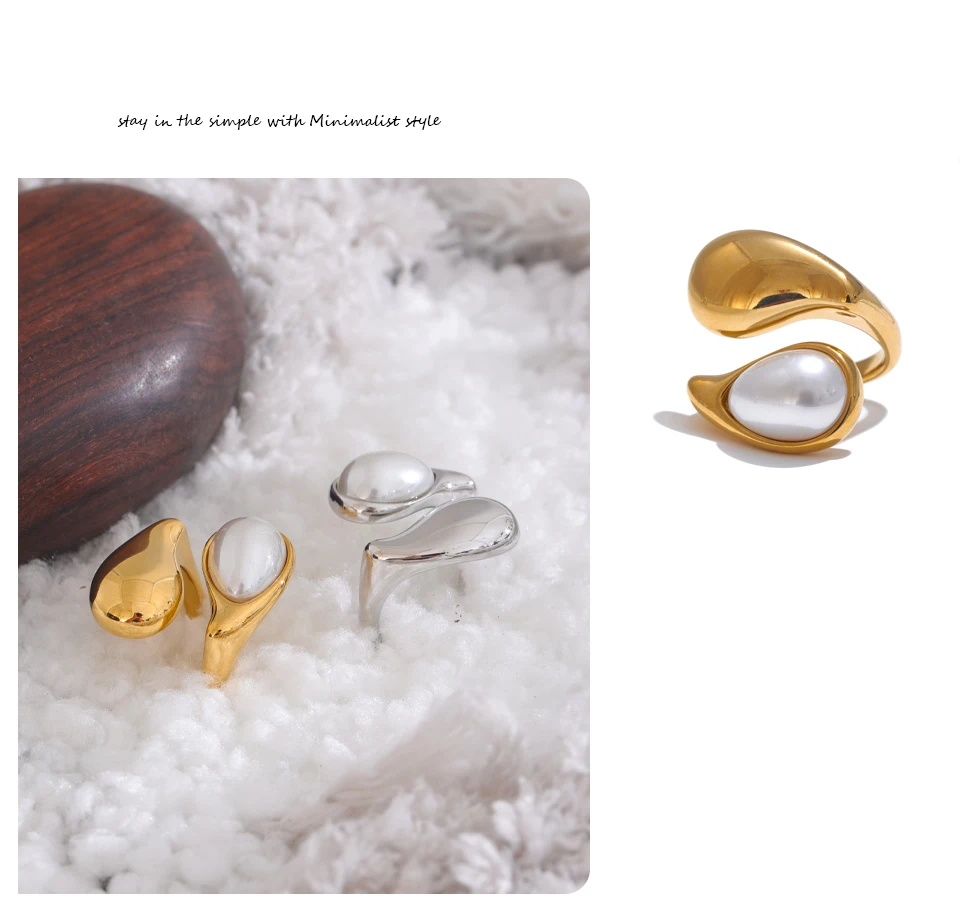 Yhpup Fashion Imitation Pearl Water Drop Finger Ring Women 316L Stainless Steel Elegant Gold Platinum Plated Jewelry