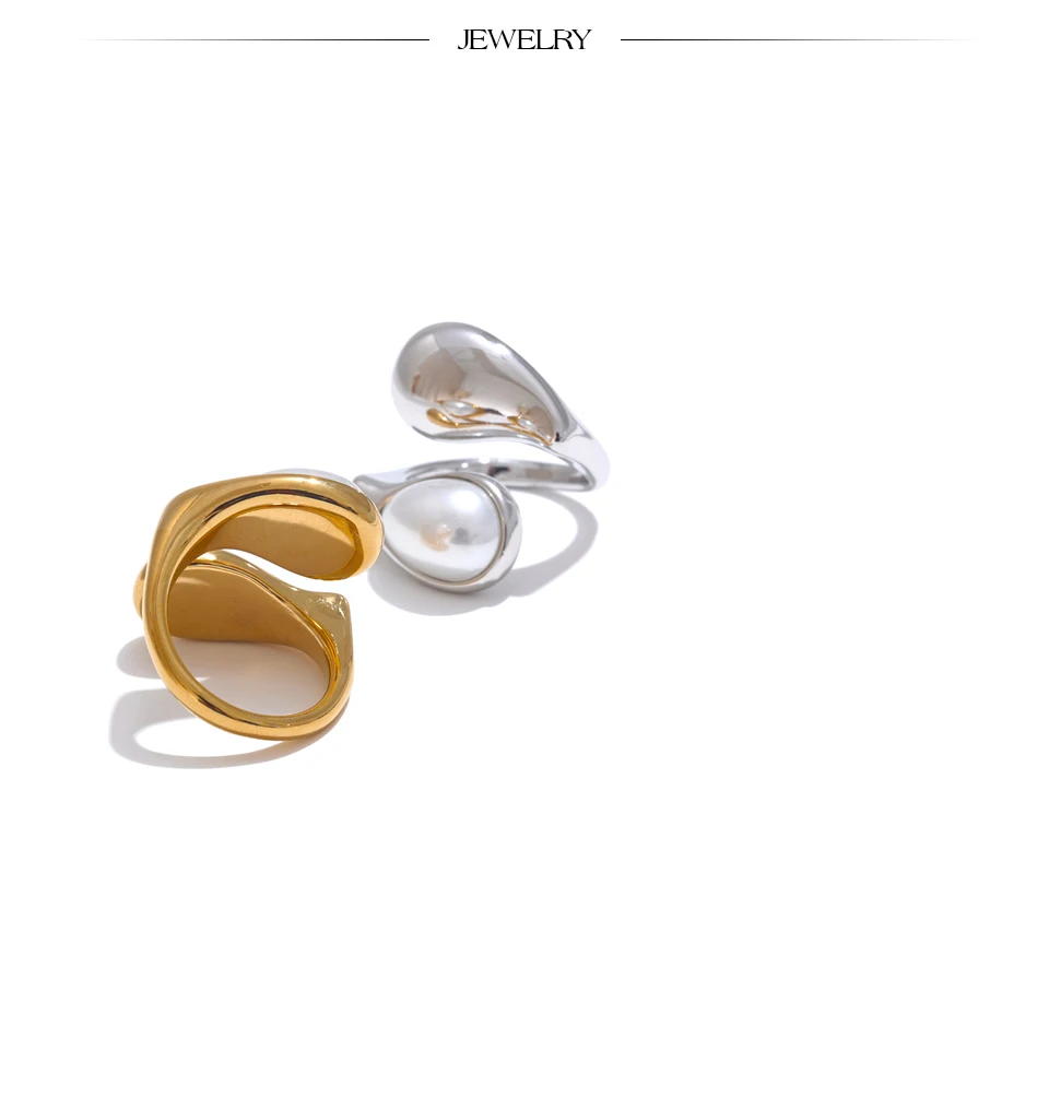 Yhpup Fashion Imitation Pearl Water Drop Finger Ring Women 316L Stainless Steel Elegant Gold Platinum Plated Jewelry