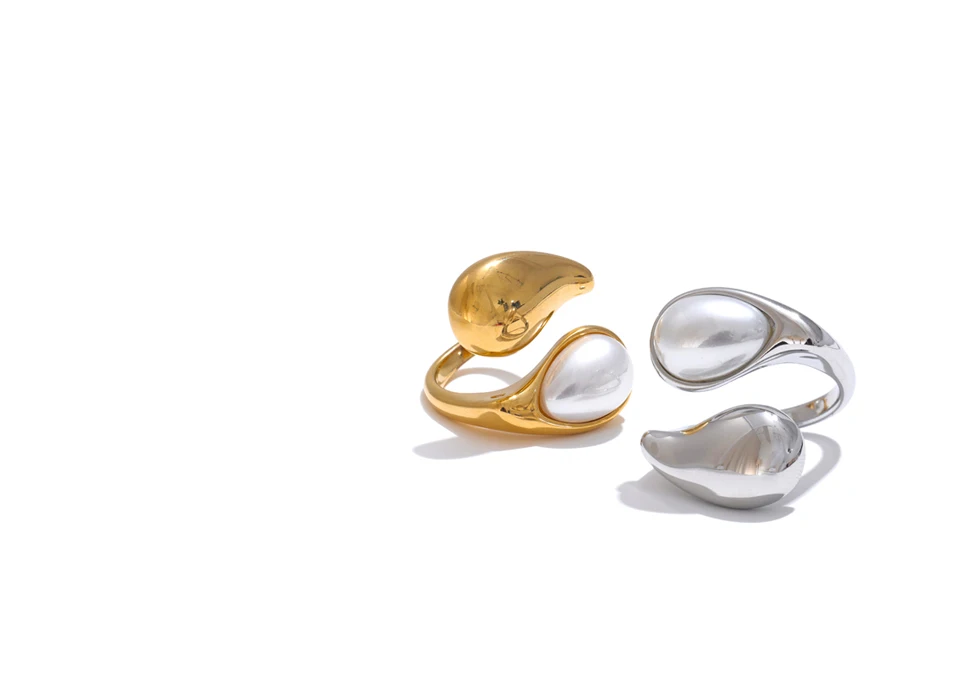 Yhpup Fashion Imitation Pearl Water Drop Finger Ring Women 316L Stainless Steel Elegant Gold Platinum Plated Jewelry