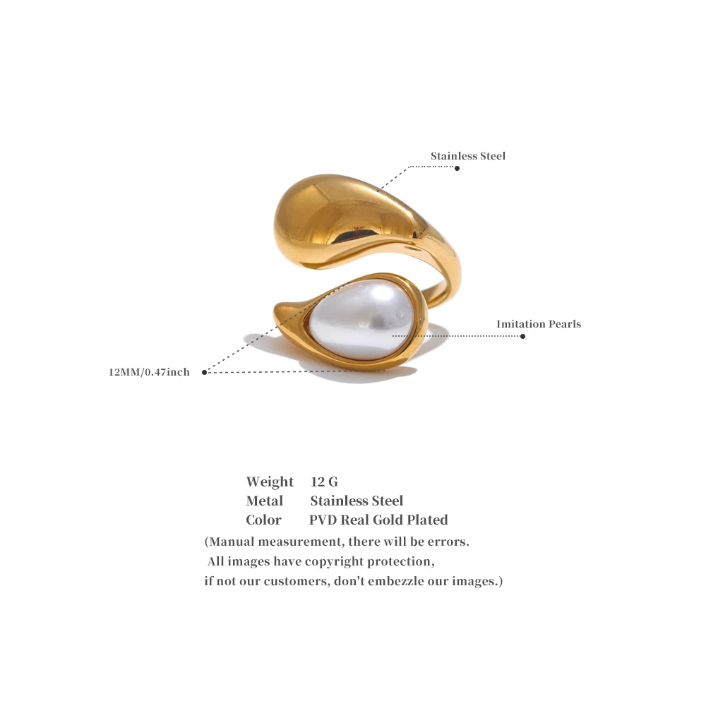 Yhpup Fashion Imitation Pearl Water Drop Finger Ring Women 316L Stainless Steel Elegant Gold Platinum Plated Jewelry