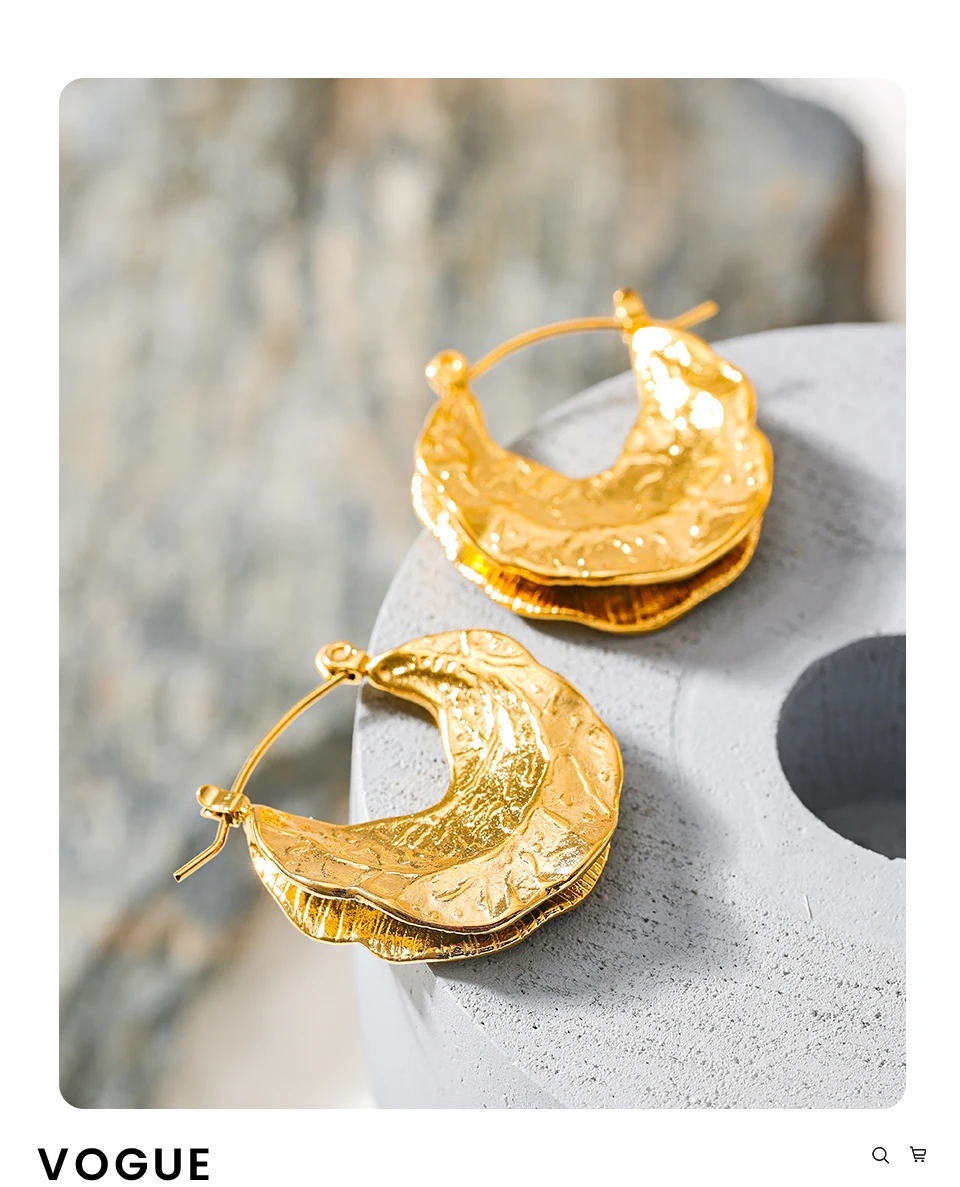 Yhpup New Stainless Steel 18K Gold Color Geometric Unusual Huggie Earrings Statement Stereoscopic Waterproof Stylish Jewelry