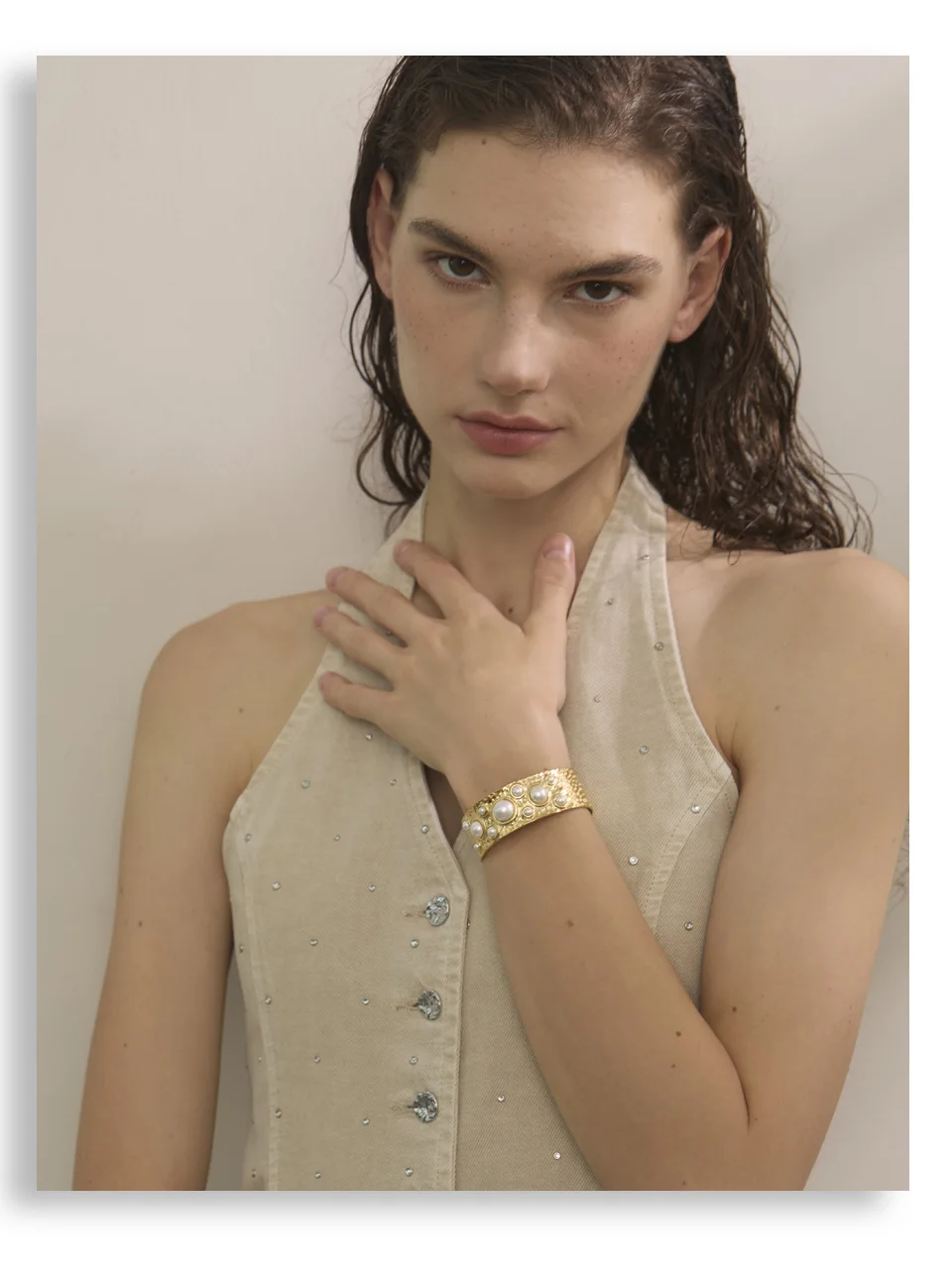 Yhpup Simulated Pearls Hammer Metal Fashion Cuff Bracelet Bangle Waterproof Texture Stainless Steel Statement Open Wrist Jewelry