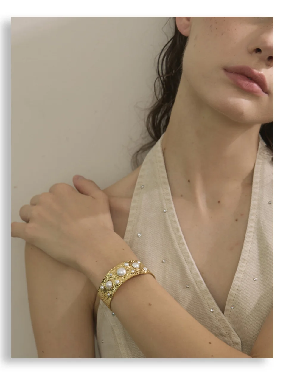 Yhpup Simulated Pearls Hammer Metal Fashion Cuff Bracelet Bangle Waterproof Texture Stainless Steel Statement Open Wrist Jewelry