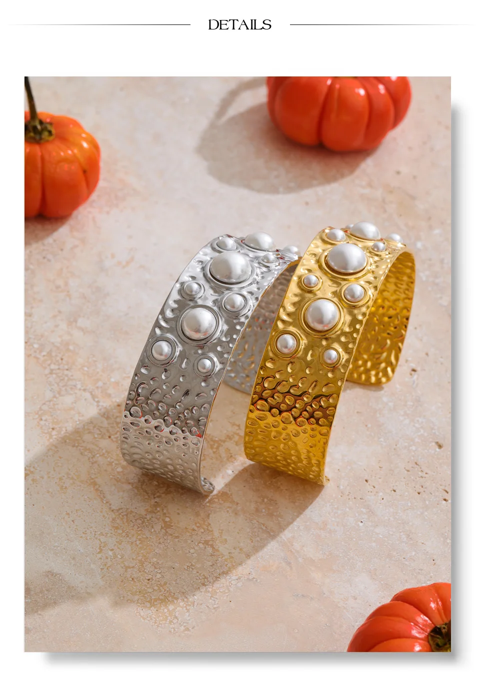 Yhpup Simulated Pearls Hammer Metal Fashion Cuff Bracelet Bangle Waterproof Texture Stainless Steel Statement Open Wrist Jewelry