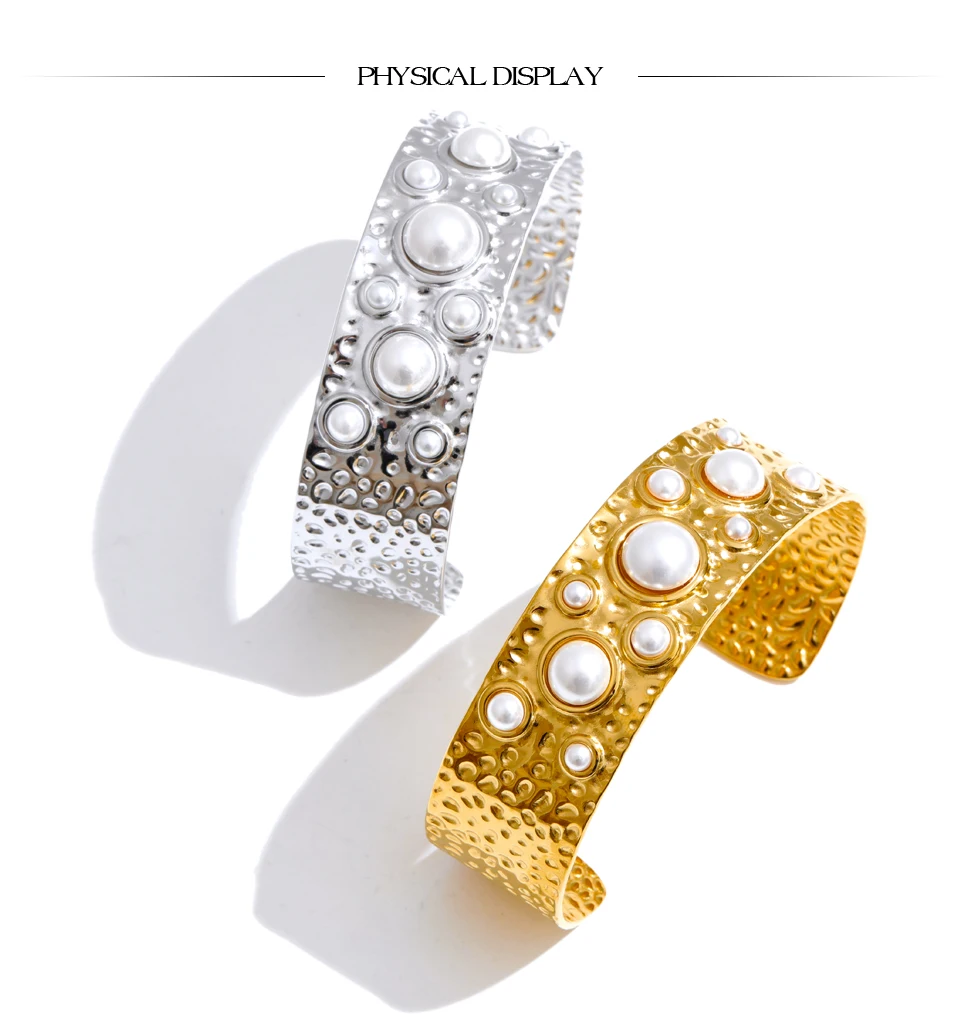 Yhpup Simulated Pearls Hammer Metal Fashion Cuff Bracelet Bangle Waterproof Texture Stainless Steel Statement Open Wrist Jewelry