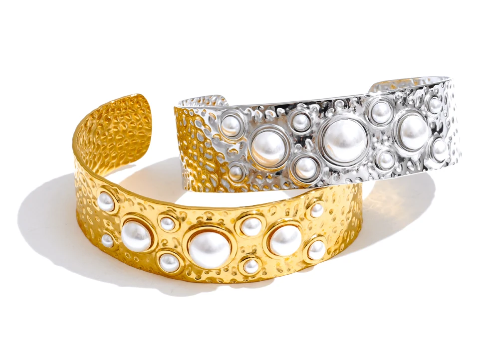 Yhpup Simulated Pearls Hammer Metal Fashion Cuff Bracelet Bangle Waterproof Texture Stainless Steel Statement Open Wrist Jewelry