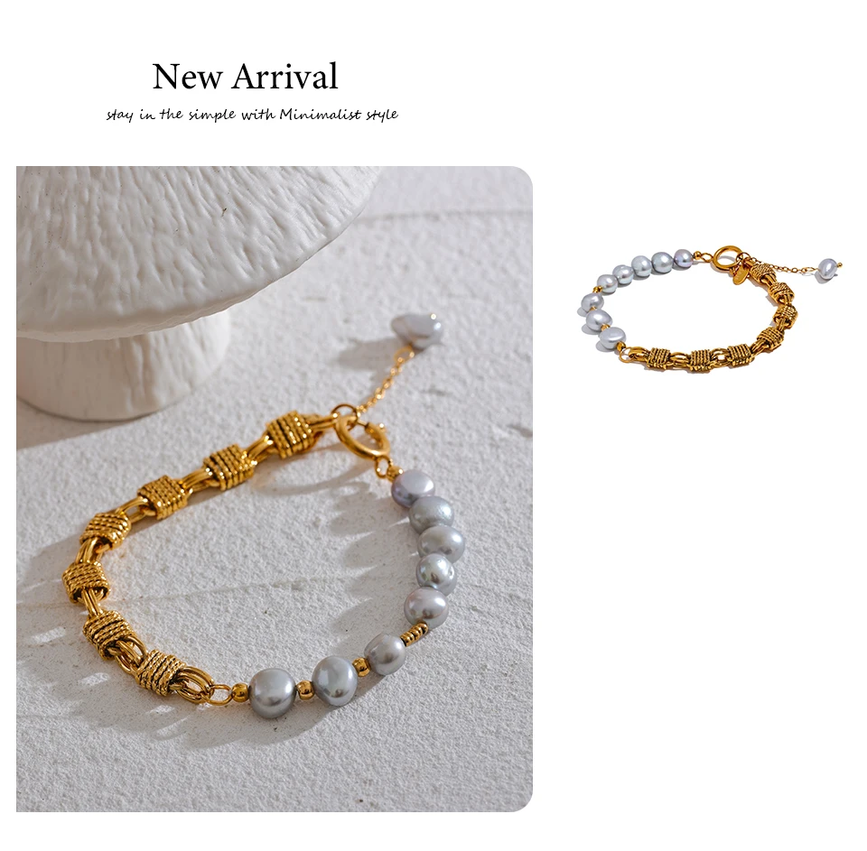 Yhpup Luxury Natural Freshwater Pearl Grey Beads Metal Wrist Bracelet Bangle High Quality Golden Jewelry Mother's Fashion Gift