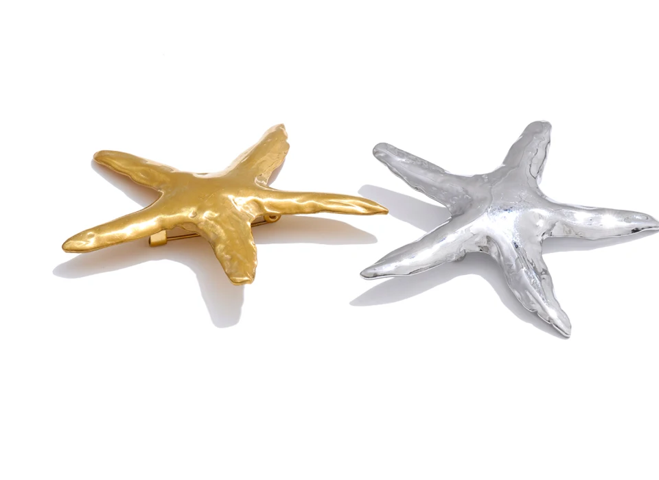 Yhpup 2025 Waterproof Smooth Stainless Steel Metal Starfish Brooches Pin Ocean Style Texture Clothing Accessories Wholesale