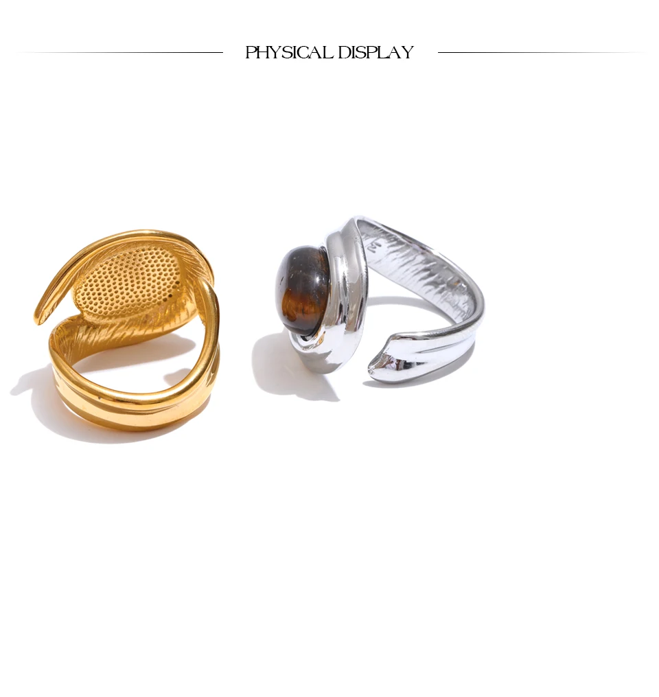 Yhpup Popular Stainless Steel Natural Tiger Stone Finger Ring Gold Silver Color Waterproof Geometric Charm Jewelry
