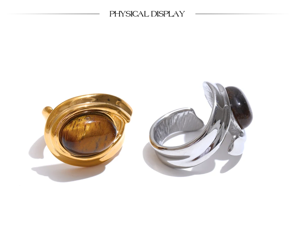 Yhpup Popular Stainless Steel Natural Tiger Stone Finger Ring Gold Silver Color Waterproof Geometric Charm Jewelry