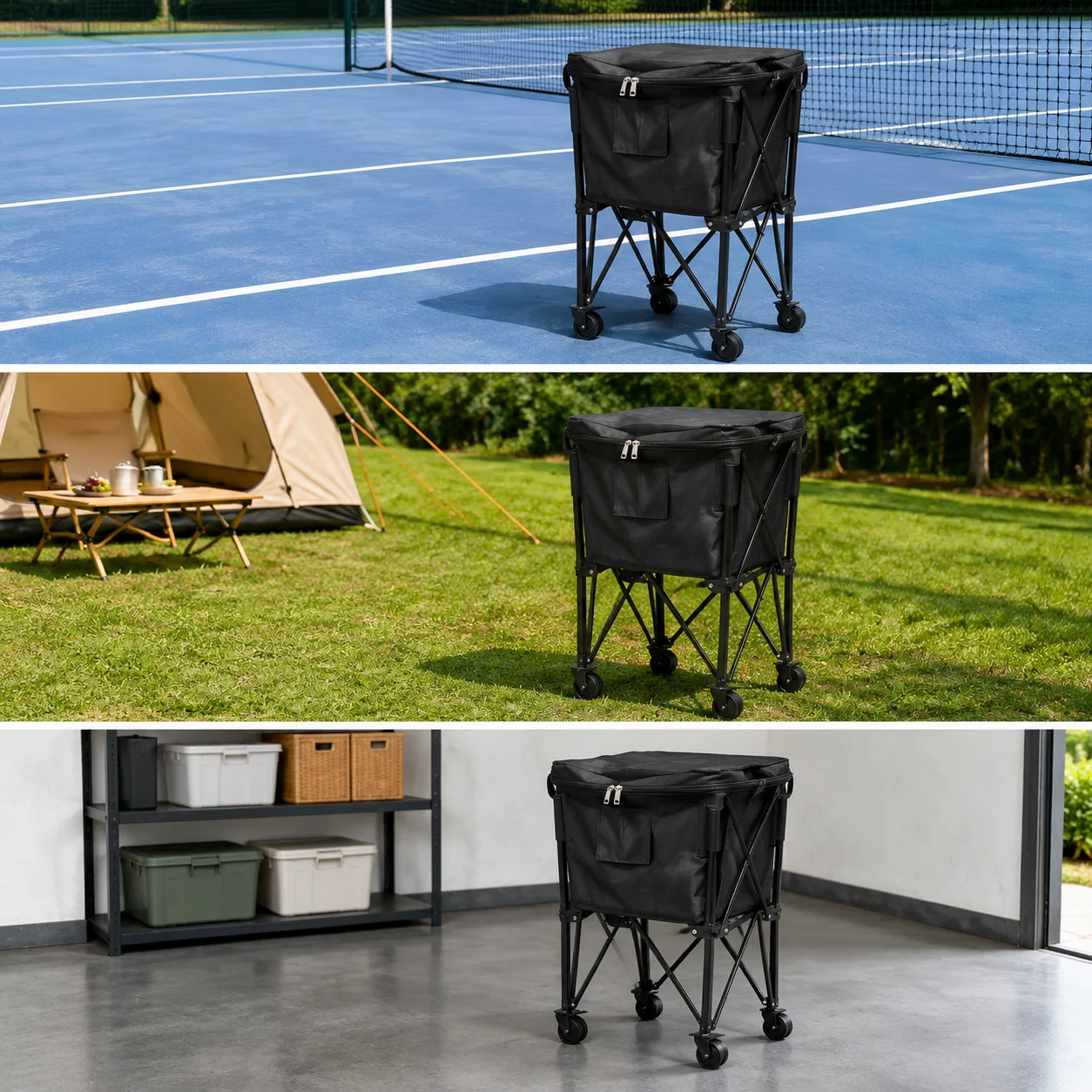 Foldable Tennis Ball Cart Caster Wheels Tennis Ball Cart Mesh Pocket for Training Workouts Portable Tennis Ball Cart