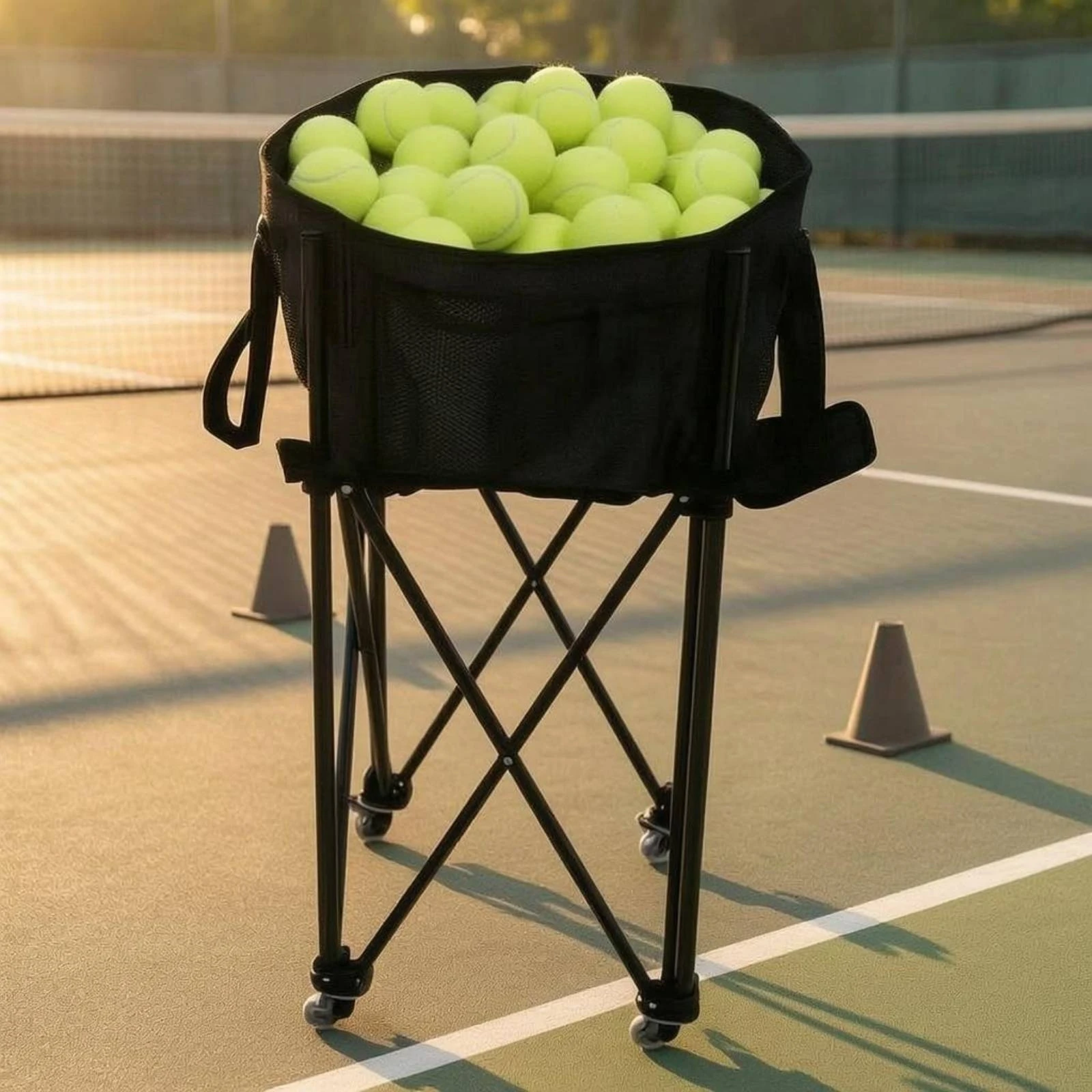 Foldable Tennis Ball Cart Caster Wheels Tennis Ball Cart Mesh Pocket for Training Workouts Portable Tennis Ball Cart
