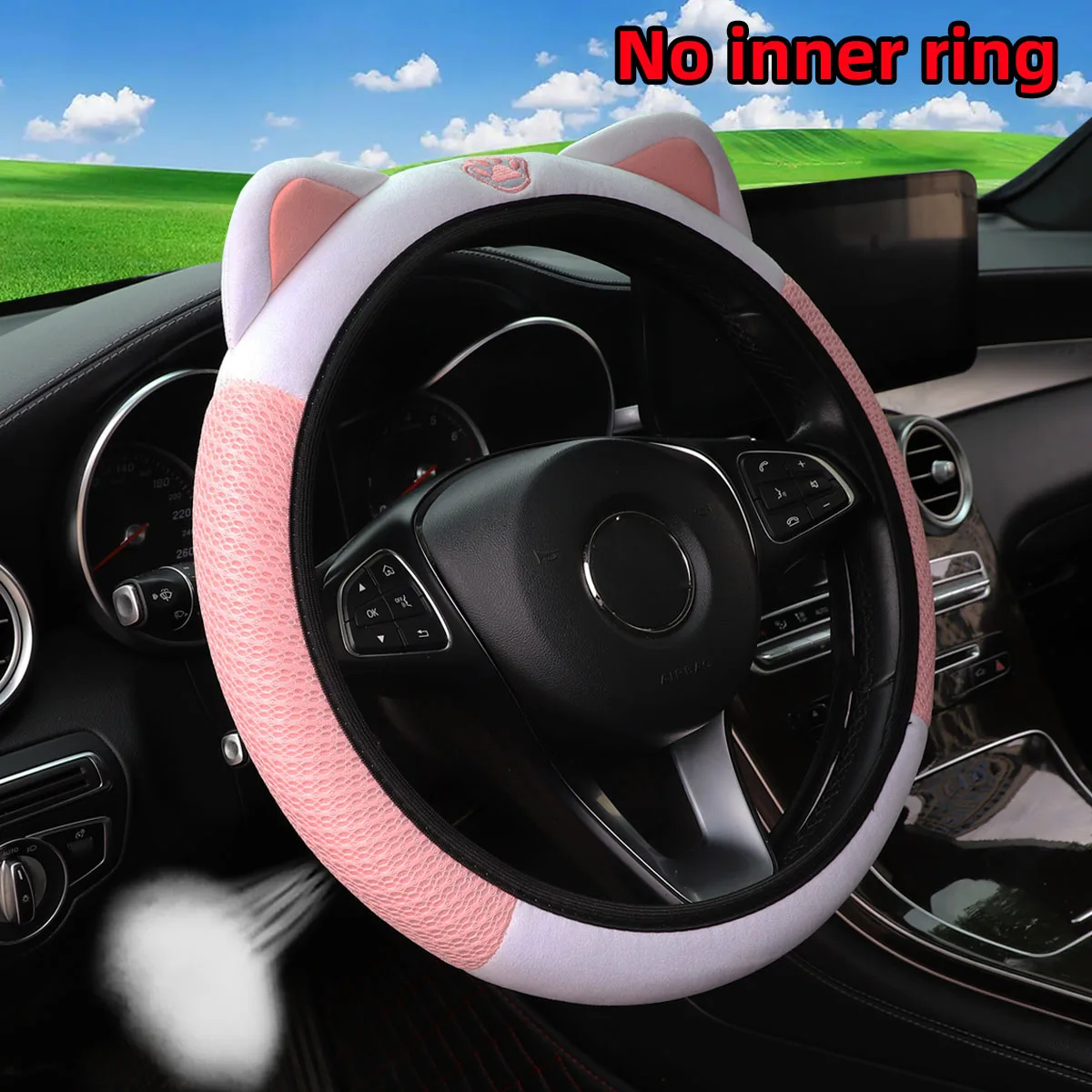 1 Breathable Mesh Cloth Cute Kitten Car Without Inner Ring Steering Wheel Cover Fits 14.5-15 Inch Automotive Supplies