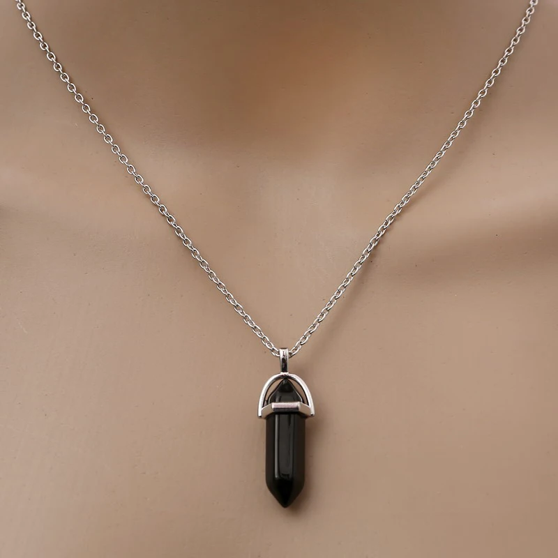Fashion Quartz Crystal Necklace Chakra Rose Bule Purple Natural Stone Pendant Necklace Hexagonal Bullet Reiki Hippie Necklace