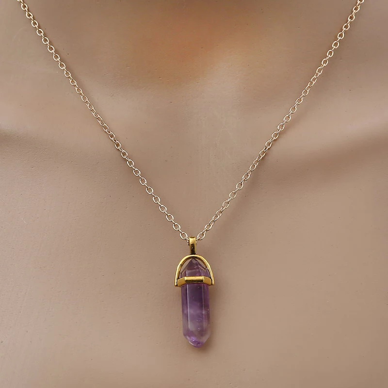 Fashion Quartz Crystal Necklace Chakra Rose Bule Purple Natural Stone Pendant Necklace Hexagonal Bullet Reiki Hippie Necklace