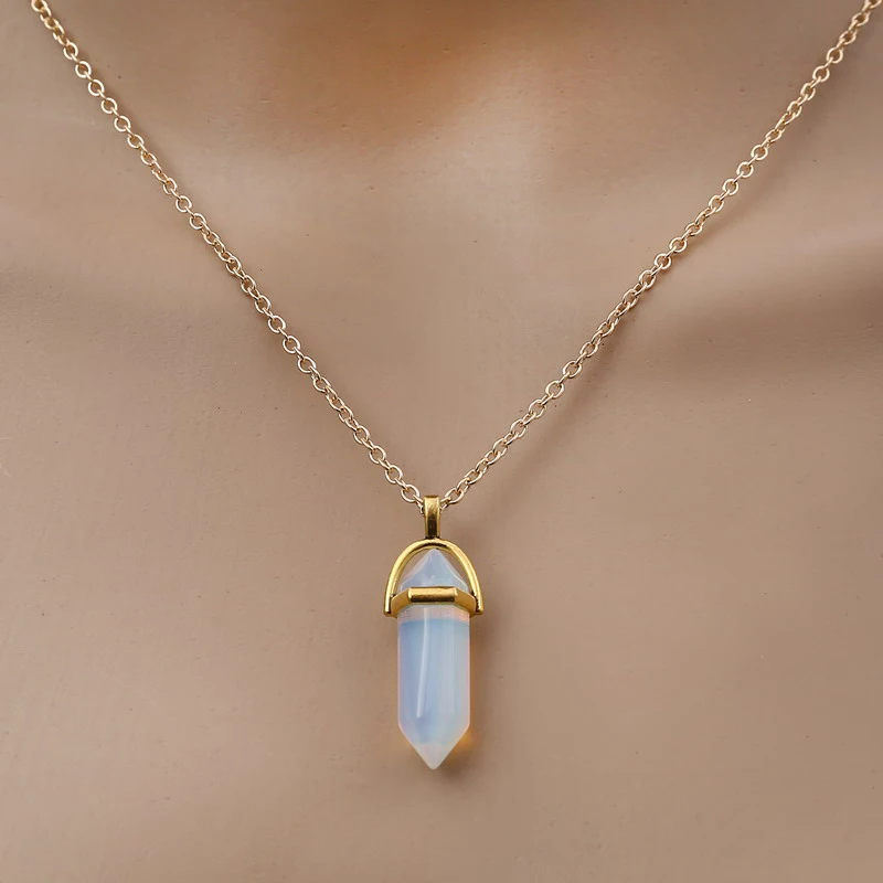 Fashion Quartz Crystal Necklace Chakra Rose Bule Purple Natural Stone Pendant Necklace Hexagonal Bullet Reiki Hippie Necklace