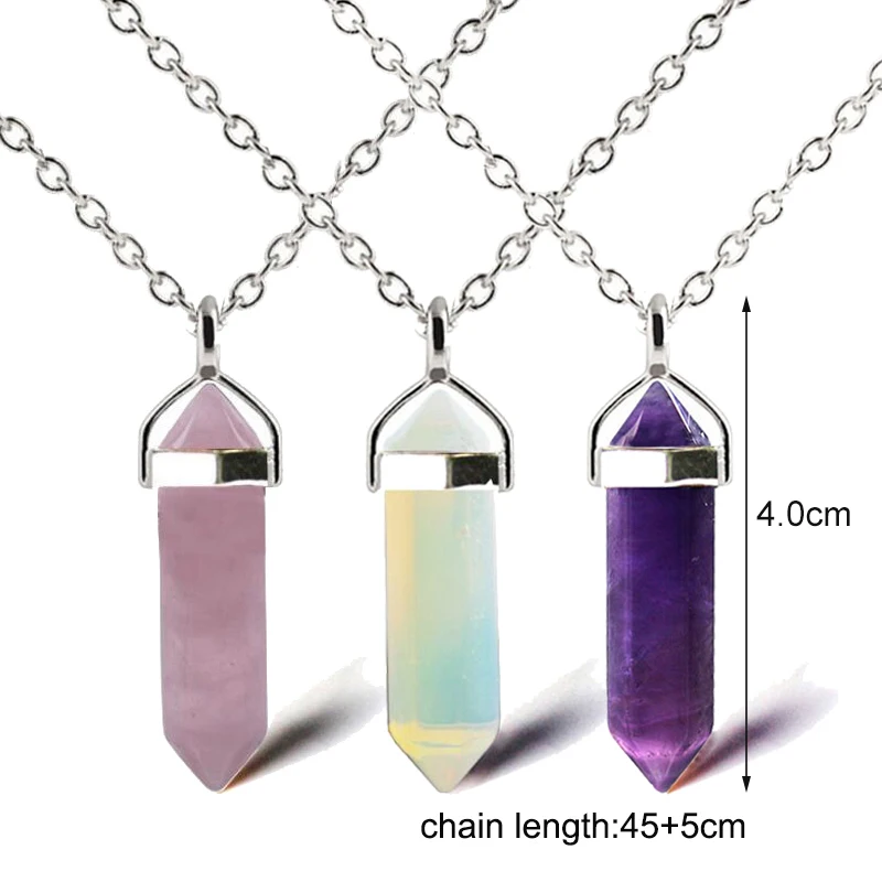 Fashion Quartz Crystal Necklace Chakra Rose Bule Purple Natural Stone Pendant Necklace Hexagonal Bullet Reiki Hippie Necklace