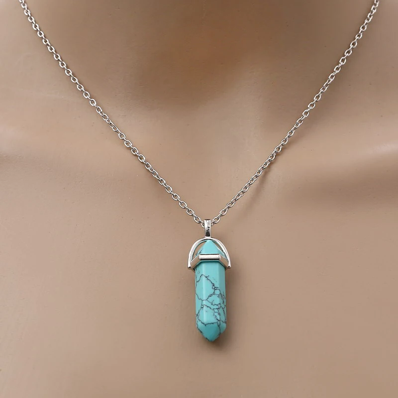 Fashion Quartz Crystal Necklace Chakra Rose Bule Purple Natural Stone Pendant Necklace Hexagonal Bullet Reiki Hippie Necklace