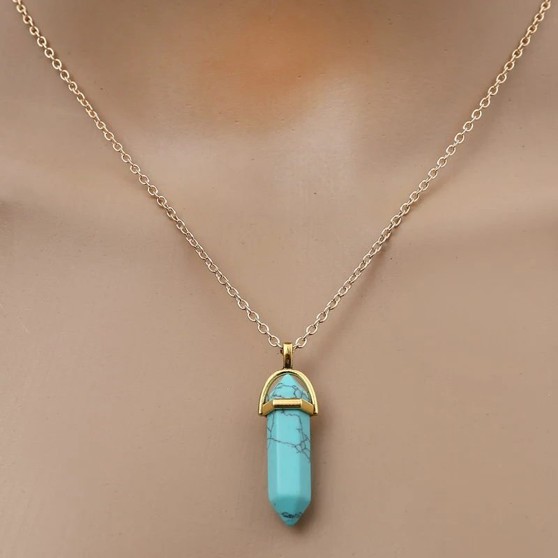 Fashion Quartz Crystal Necklace Chakra Rose Bule Purple Natural Stone Pendant Necklace Hexagonal Bullet Reiki Hippie Necklace
