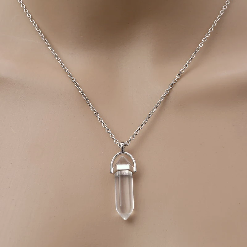 Fashion Quartz Crystal Necklace Chakra Rose Bule Purple Natural Stone Pendant Necklace Hexagonal Bullet Reiki Hippie Necklace