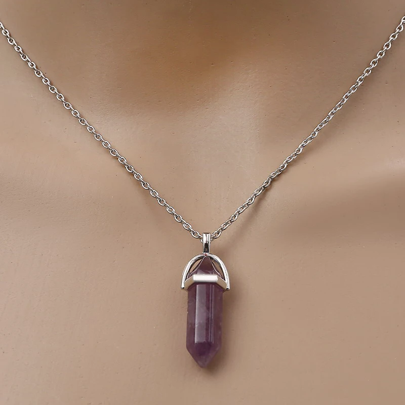 Fashion Quartz Crystal Necklace Chakra Rose Bule Purple Natural Stone Pendant Necklace Hexagonal Bullet Reiki Hippie Necklace