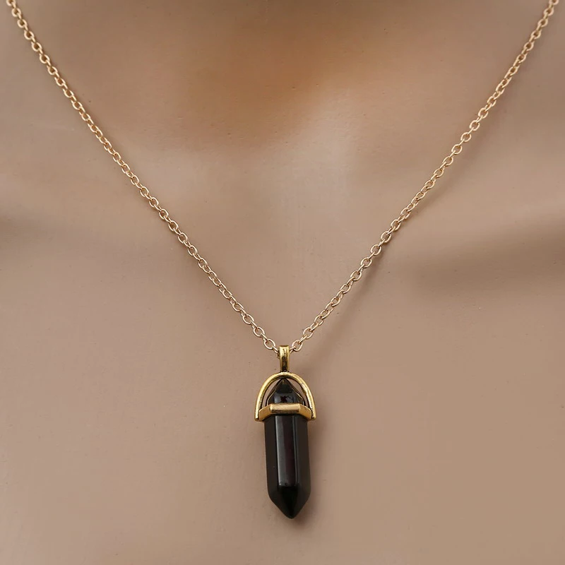 Fashion Quartz Crystal Necklace Chakra Rose Bule Purple Natural Stone Pendant Necklace Hexagonal Bullet Reiki Hippie Necklace