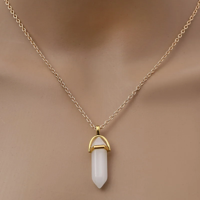 Fashion Quartz Crystal Necklace Chakra Rose Bule Purple Natural Stone Pendant Necklace Hexagonal Bullet Reiki Hippie Necklace