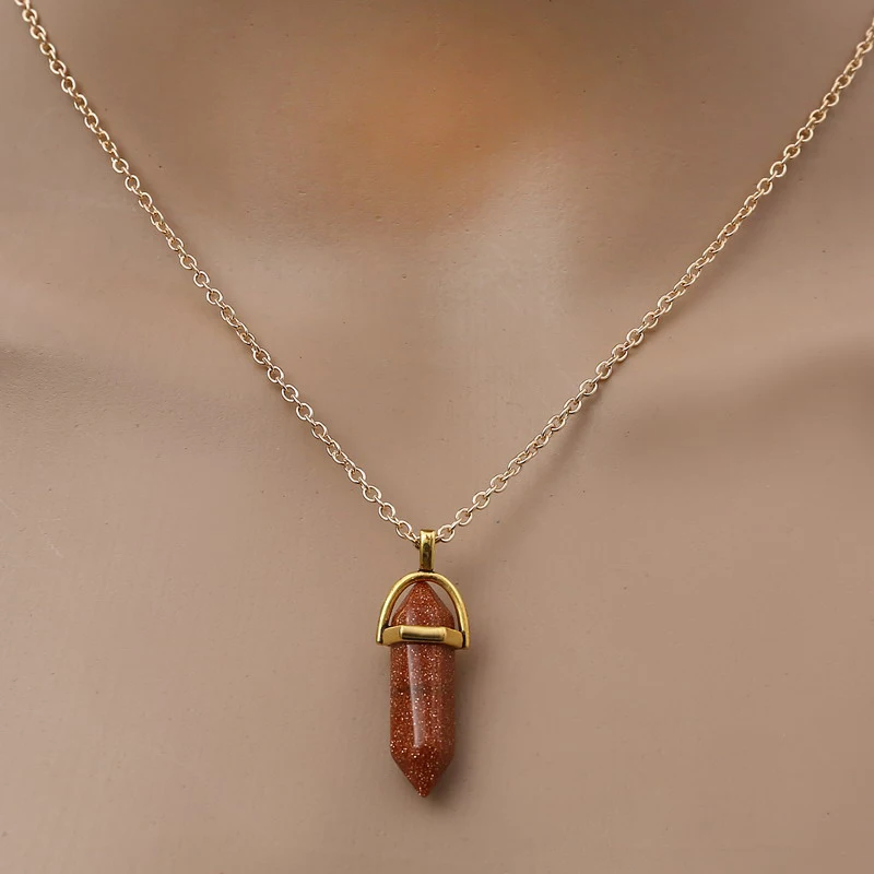 Fashion Quartz Crystal Necklace Chakra Rose Bule Purple Natural Stone Pendant Necklace Hexagonal Bullet Reiki Hippie Necklace