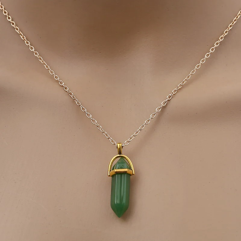 Fashion Quartz Crystal Necklace Chakra Rose Bule Purple Natural Stone Pendant Necklace Hexagonal Bullet Reiki Hippie Necklace