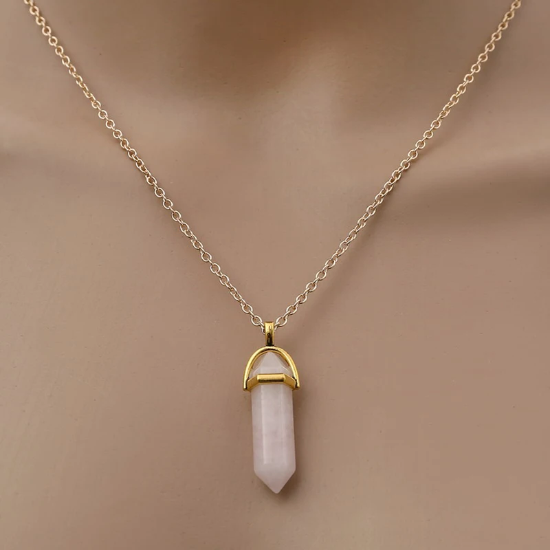 Fashion Quartz Crystal Necklace Chakra Rose Bule Purple Natural Stone Pendant Necklace Hexagonal Bullet Reiki Hippie Necklace