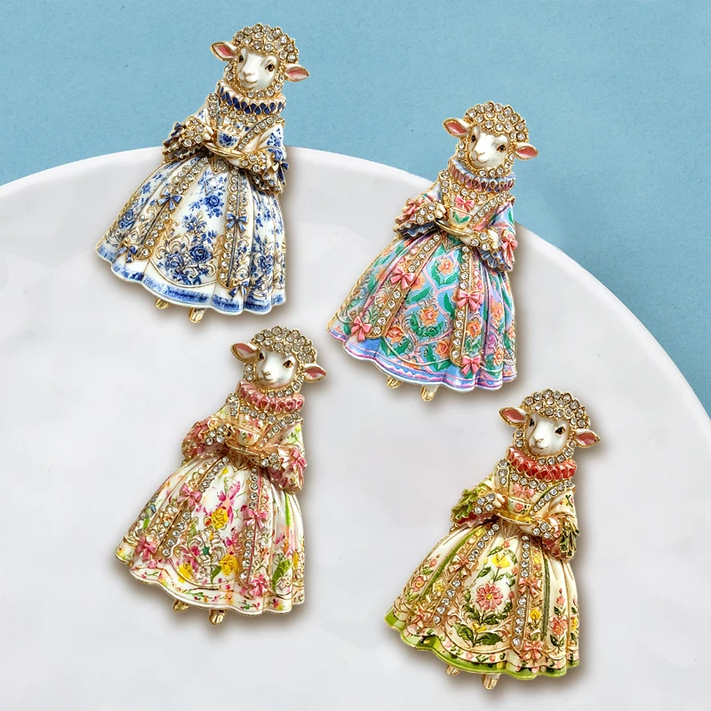 Wuli&baby Beautiful Sheep Lady Brooches For Women Unisex 4-color Elegant Rhinestone Ancient Dress Goat Party Brooch Pin Gifts