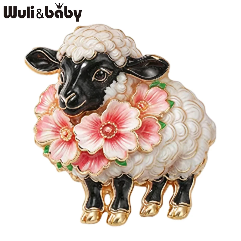 Wuli&baby Charming Sheep Brooches Pins For Women Unisex 6-color Flowers Goat New Year Party Office Animal Brooch Pin Gifts