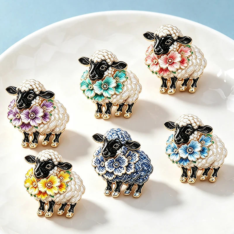 Wuli&baby Charming Sheep Brooches Pins For Women Unisex 6-color Flowers Goat New Year Party Office Animal Brooch Pin Gifts