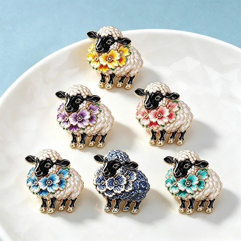 Wuli&baby Charming Sheep Brooches Pins For Women Unisex 6-color Flowers Goat New Year Party Office Animal Brooch Pin Gifts