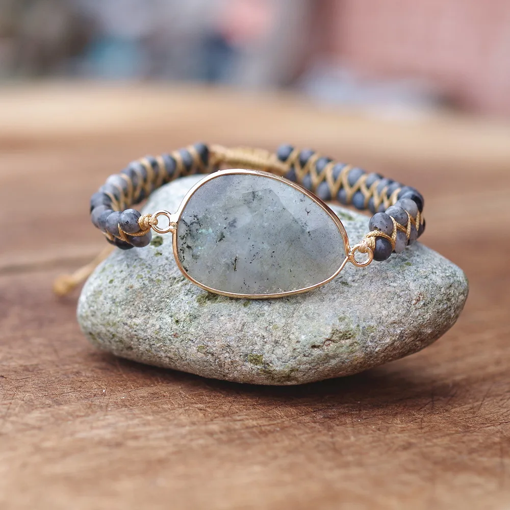 Natural Stones Labradorite Boho Friendship Bracelet Women Man Handmade String Braided Yoga Charm Wrap Bracelet Bangle