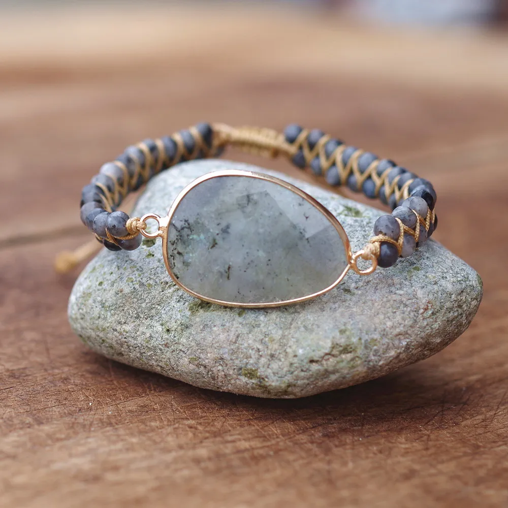 Natural Stones Labradorite Boho Friendship Bracelet Women Man Handmade String Braided Yoga Charm Wrap Bracelet Bangle