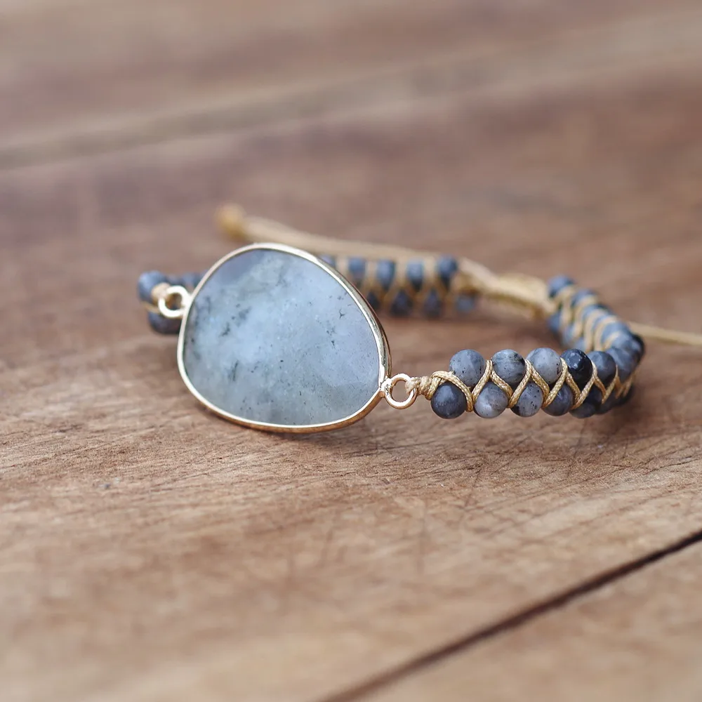 Natural Stones Labradorite Boho Friendship Bracelet Women Man Handmade String Braided Yoga Charm Wrap Bracelet Bangle